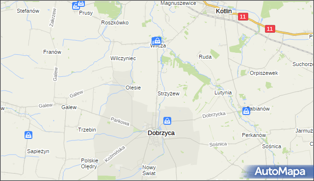 mapa Strzyżew gmina Dobrzyca, Strzyżew gmina Dobrzyca na mapie Targeo