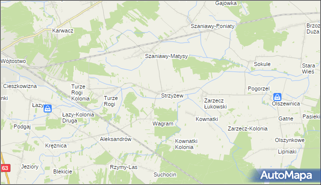 mapa Strzyżew gmina Łuków, Strzyżew gmina Łuków na mapie Targeo