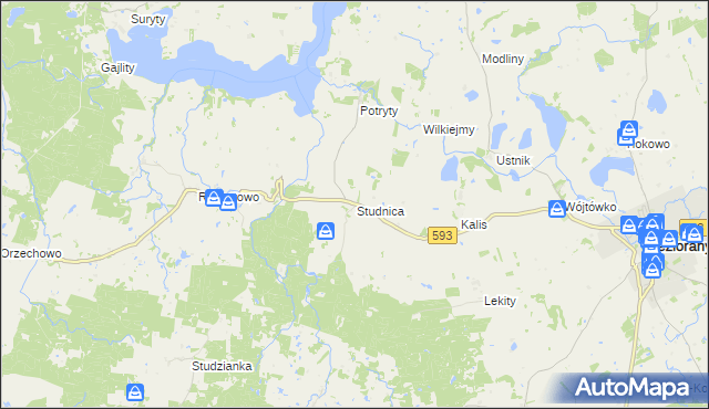 mapa Studnica gmina Jeziorany, Studnica gmina Jeziorany na mapie Targeo