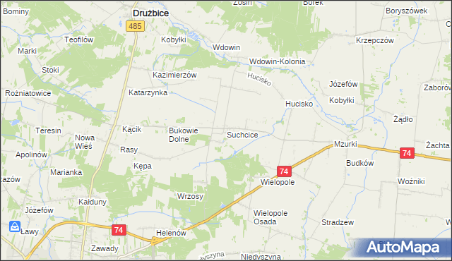 mapa Suchcice gmina Drużbice, Suchcice gmina Drużbice na mapie Targeo