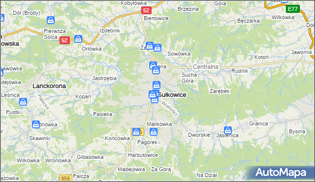 mapa Sułkowice powiat myślenicki, Sułkowice powiat myślenicki na mapie Targeo