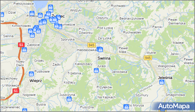 mapa Świnna powiat żywiecki, Świnna powiat żywiecki na mapie Targeo