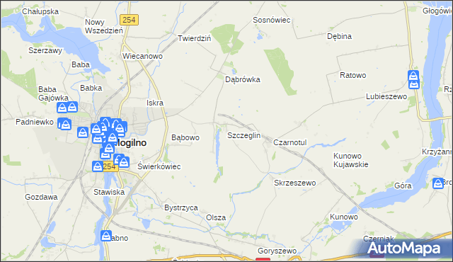 mapa Szczeglin gmina Mogilno, Szczeglin gmina Mogilno na mapie Targeo