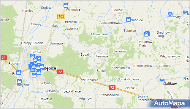mapa Tarnowa gmina Poddębice, Tarnowa gmina Poddębice na mapie Targeo