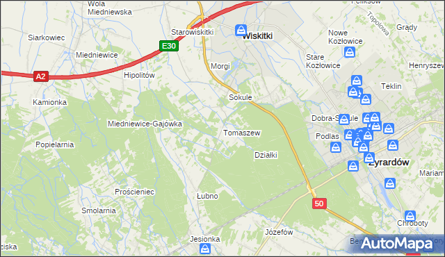 mapa Tomaszew gmina Wiskitki, Tomaszew gmina Wiskitki na mapie Targeo