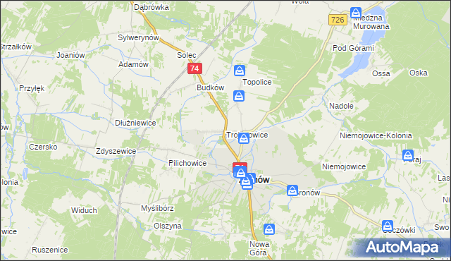 mapa Trojanowice gmina Żarnów, Trojanowice gmina Żarnów na mapie Targeo