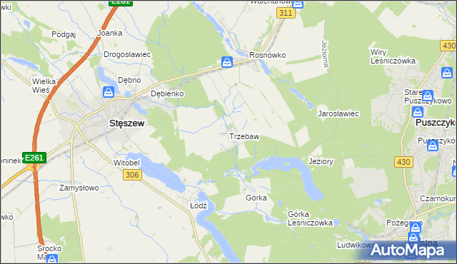 mapa Trzebaw gmina Stęszew, Trzebaw gmina Stęszew na mapie Targeo