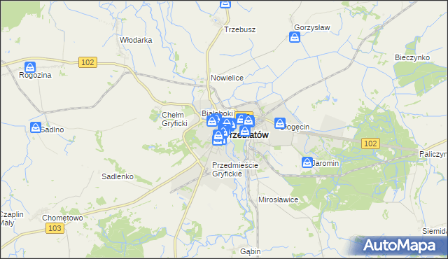mapa Trzebiatów powiat gryficki, Trzebiatów powiat gryficki na mapie Targeo