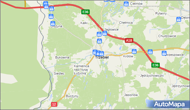 mapa Trzebiel, Trzebiel na mapie Targeo