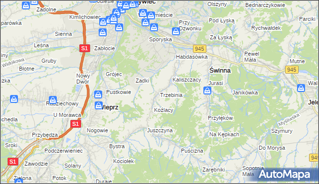 mapa Trzebinia gmina Świnna, Trzebinia gmina Świnna na mapie Targeo