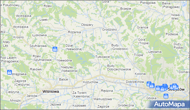 mapa Tułkowice gmina Wiśniowa, Tułkowice gmina Wiśniowa na mapie Targeo