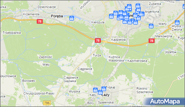 mapa Turza gmina Łazy, Turza gmina Łazy na mapie Targeo