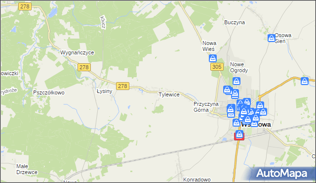 mapa Tylewice, Tylewice na mapie Targeo