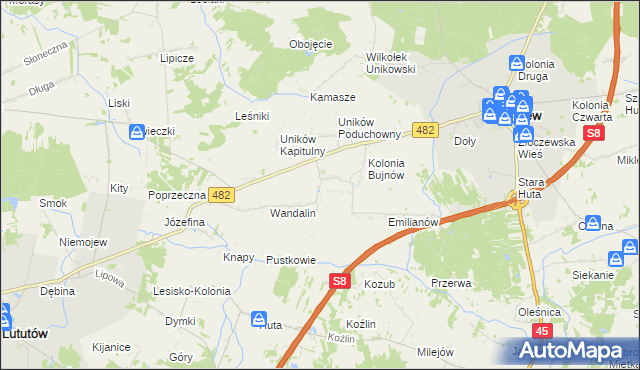 mapa Uników gmina Złoczew, Uników gmina Złoczew na mapie Targeo