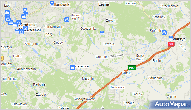 mapa Urszulin gmina Grodzisk Mazowiecki, Urszulin gmina Grodzisk Mazowiecki na mapie Targeo