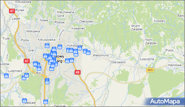 mapa Waksmund, Waksmund na mapie Targeo