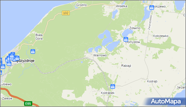 mapa Warnowo gmina Wolin, Warnowo gmina Wolin na mapie Targeo