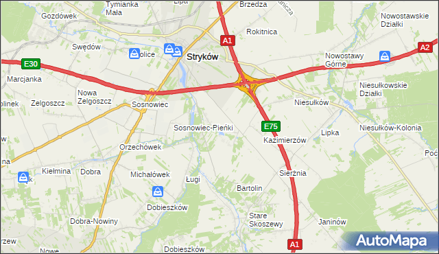 mapa Warszewice gmina Stryków, Warszewice gmina Stryków na mapie Targeo