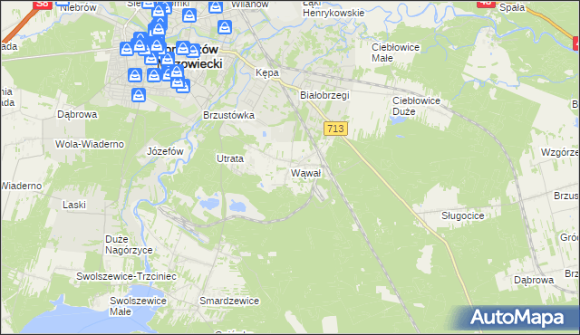 mapa Wąwał gmina Tomaszów Mazowiecki, Wąwał gmina Tomaszów Mazowiecki na mapie Targeo