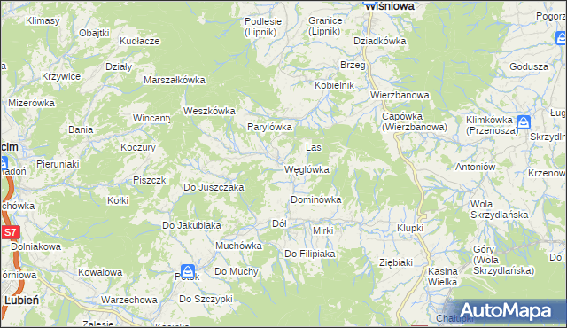 mapa Węglówka gmina Wiśniowa, Węglówka gmina Wiśniowa na mapie Targeo