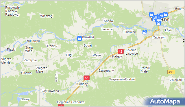 mapa Węże gmina Działoszyn, Węże gmina Działoszyn na mapie Targeo