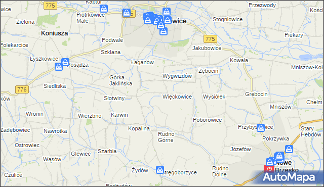 mapa Więckowice gmina Proszowice, Więckowice gmina Proszowice na mapie Targeo