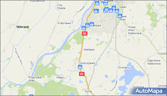 mapa Wielbark gmina Malbork, Wielbark gmina Malbork na mapie Targeo