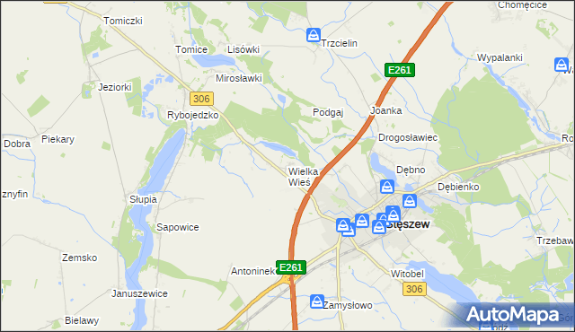 mapa Wielka Wieś gmina Stęszew, Wielka Wieś gmina Stęszew na mapie Targeo