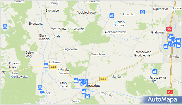 mapa Wielołęka gmina Grodziec, Wielołęka gmina Grodziec na mapie Targeo