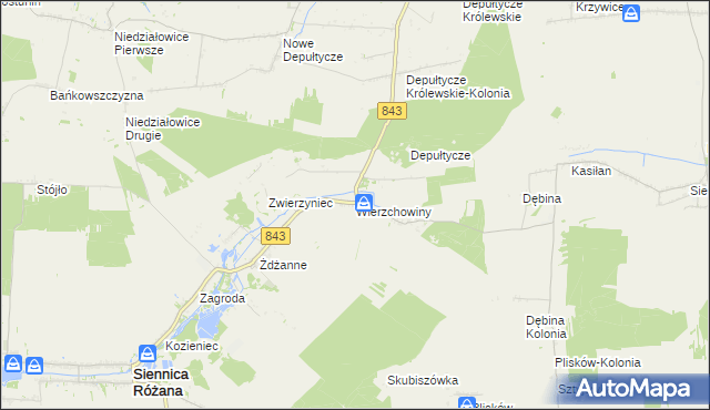mapa Wierzchowiny gmina Siennica Różana, Wierzchowiny gmina Siennica Różana na mapie Targeo