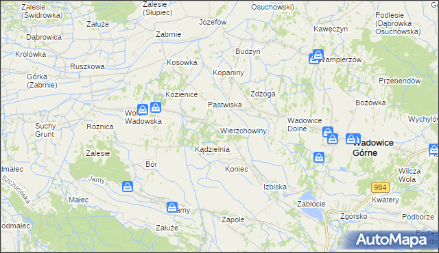 mapa Wierzchowiny gmina Wadowice Górne, Wierzchowiny gmina Wadowice Górne na mapie Targeo