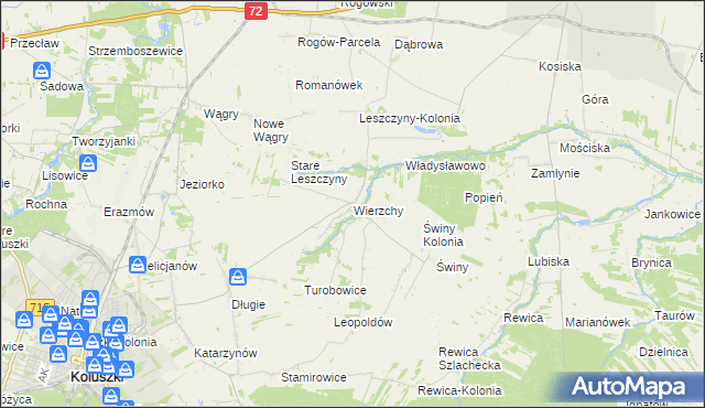 mapa Wierzchy gmina Koluszki, Wierzchy gmina Koluszki na mapie Targeo