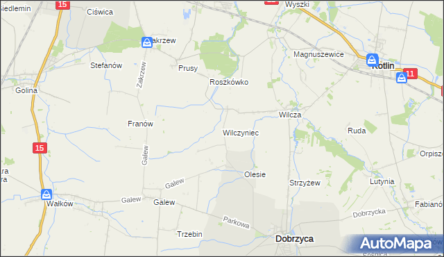 mapa Wilczyniec gmina Jarocin, Wilczyniec gmina Jarocin na mapie Targeo