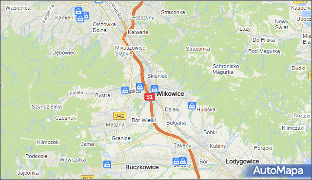 mapa Wilkowice powiat bielski, Wilkowice powiat bielski na mapie Targeo