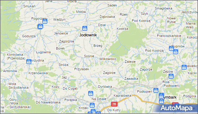 mapa Wilkowisko gmina Jodłownik, Wilkowisko gmina Jodłownik na mapie Targeo