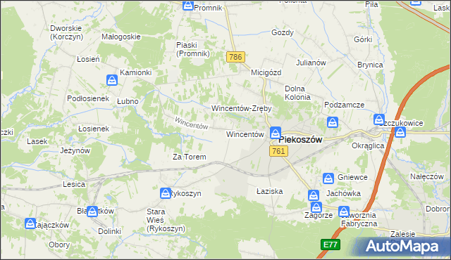 mapa Wincentów gmina Piekoszów, Wincentów gmina Piekoszów na mapie Targeo