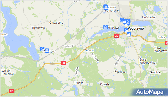 mapa Winniki gmina Węgorzyno, Winniki gmina Węgorzyno na mapie Targeo