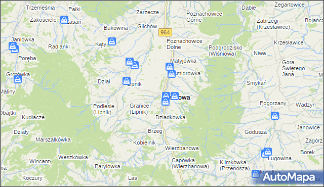 mapa Wiśniowa powiat myślenicki, Wiśniowa powiat myślenicki na mapie Targeo