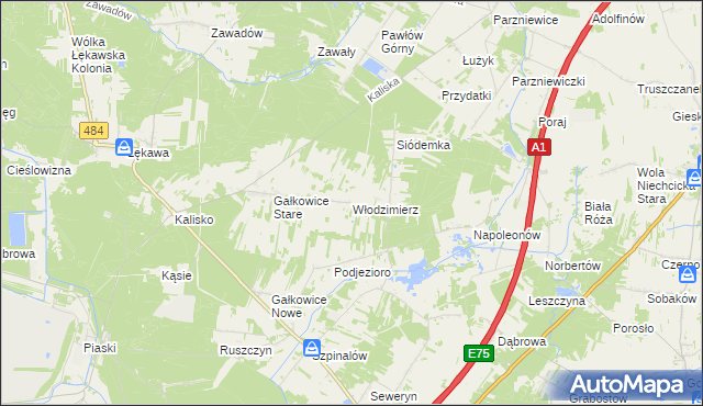 mapa Włodzimierz gmina Kamieńsk, Włodzimierz gmina Kamieńsk na mapie Targeo
