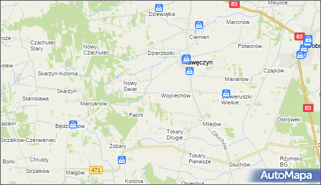 mapa Wojciechów gmina Kawęczyn, Wojciechów gmina Kawęczyn na mapie Targeo