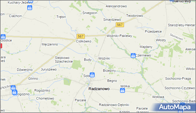 mapa Woźniki gmina Radzanowo, Woźniki gmina Radzanowo na mapie Targeo