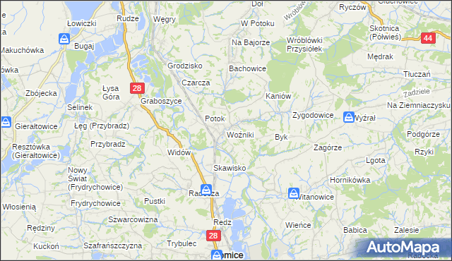 mapa Woźniki gmina Tomice, Woźniki gmina Tomice na mapie Targeo