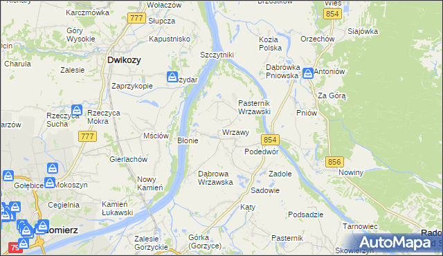 mapa Wrzawy gmina Gorzyce, Wrzawy gmina Gorzyce na mapie Targeo