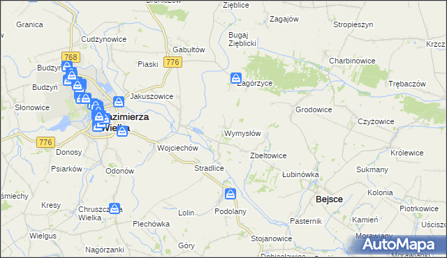mapa Wymysłów gmina Kazimierza Wielka, Wymysłów gmina Kazimierza Wielka na mapie Targeo