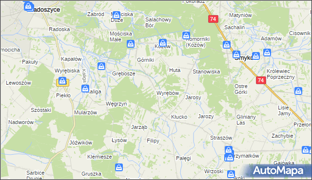mapa Wyrębów gmina Radoszyce, Wyrębów gmina Radoszyce na mapie Targeo