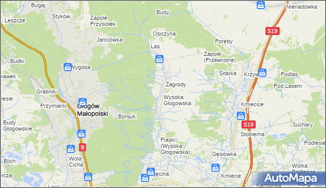 mapa Wysoka Głogowska, Wysoka Głogowska na mapie Targeo