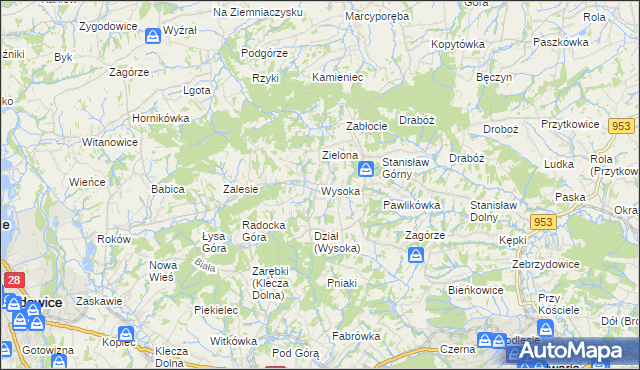 mapa Wysoka gmina Wadowice, Wysoka gmina Wadowice na mapie Targeo