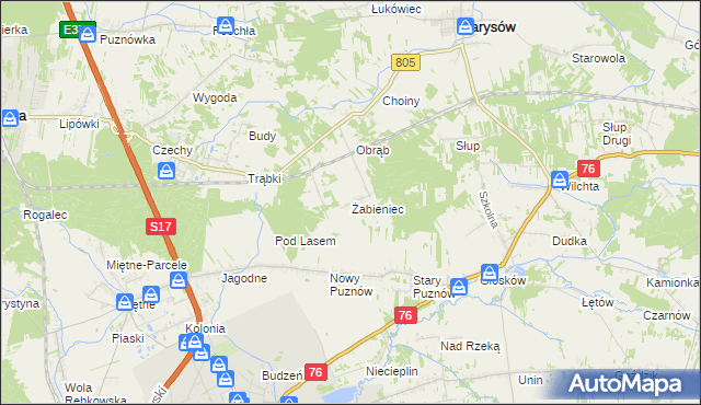 mapa Żabieniec gmina Parysów, Żabieniec gmina Parysów na mapie Targeo