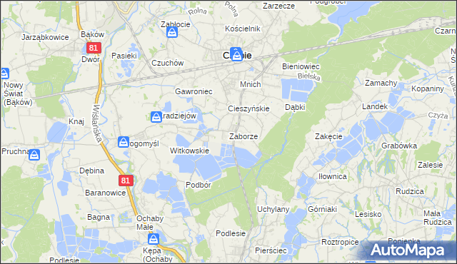 mapa Zaborze gmina Chybie, Zaborze gmina Chybie na mapie Targeo