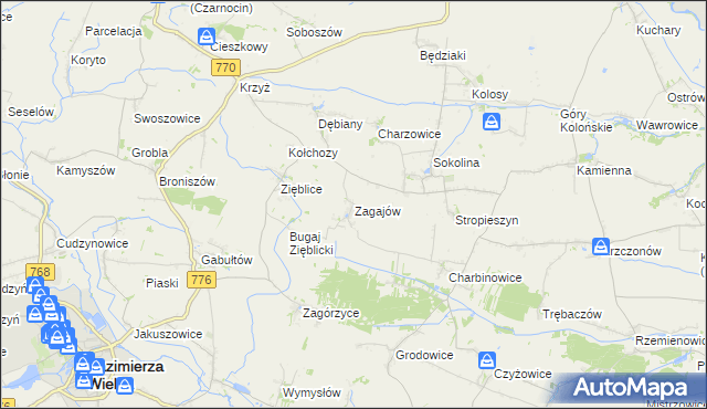 mapa Zagajów gmina Czarnocin, Zagajów gmina Czarnocin na mapie Targeo